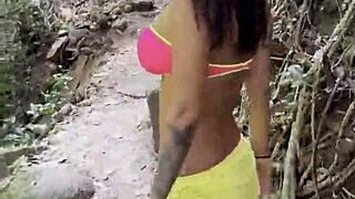 monika fox struts jungle trails flashing pierced nipples under pink top shorts