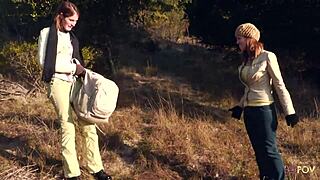 Lesbian Couple Kisses Outdoor Grabs Strapon