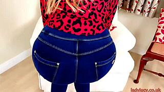 Lucy gresty squeezes her natural tits into skintight jeans fingering through tight fabric