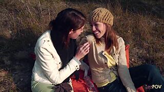 Lesbian Couple Kisses Outdoor Grabs Strapon