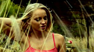 Busty blonde housewife licks young gardener girl's pussy to orgasm in garden