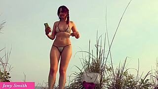 Jeny Smith Teases Big Ass Pussy Upskirt on Public Beach
