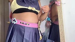 chubby ebony cosplay babe varesa genshin impact preps her huge ass and belly for con