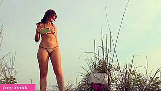 Jeny Smith Teases Big Ass Pussy Upskirt on Public Beach