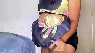 chubby ebony cosplay babe varesa genshin impact preps her huge ass and belly for con