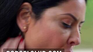 busty milf pulls him into steamy poolside fuck and tit ride