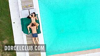 busty milf pulls him into steamy poolside fuck and tit ride