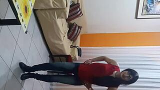 sexy crossdresser licks lingerie outdoors in hot transsexual action