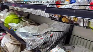 fat blonde spits on monster cock for risky store handjob