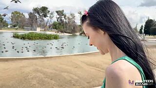 skinny teen bella nova bends over showing tight pussy grip in public