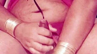 SHE strokes her cock in a Sexy Dress, Shemale Masturbation Temptation Unfolds