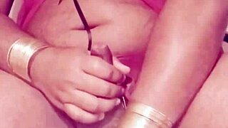 SHE strokes her cock in a Sexy Dress, Shemale Masturbation Temptation Unfolds