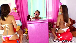 Milk Enema Babes Take Assfucking Turns in Messy Threeway Squirting