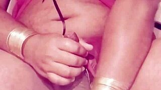 SHE strokes her cock in a Sexy Dress, Shemale Masturbation Temptation Unfolds