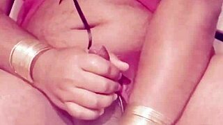 SHE strokes her cock in a Sexy Dress, Shemale Masturbation Temptation Unfolds