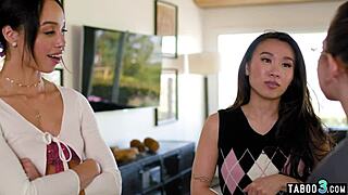 Alexis Tae guides petite Asian teen Kimmy Kim through hot lesbian pussy licking lessons