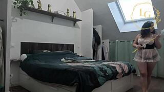 Chubby lexie grants in sexy maid lingerie costume tempts with fat milf curves closeup