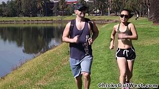 Girlfriend tells her Aussie mate lick my hairy pussy outdoors