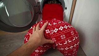 Step mom gets stuck in washing machine bent over, best gift as step son fucks tight pussy doggystyle creampie
