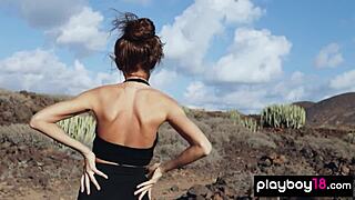 gorgeous brunette bares her perfect tits outside