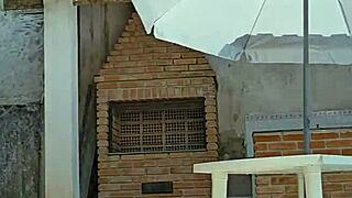 my hubby watches me flash my big ass in tight body by the pool