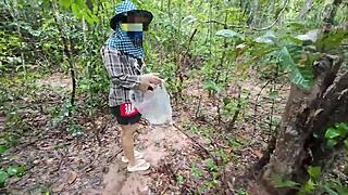 thai girl chats mushroom picking in forest secretly flashing deep woods pov