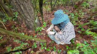 thai girl chats mushroom picking in forest secretly flashing deep woods pov