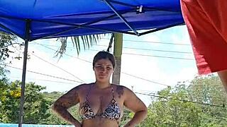 my hubby watches me flash my big ass in tight body by the pool