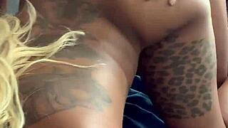 blonde slut bent over taking big black cock doggystyle until creampie floods her wet pussy