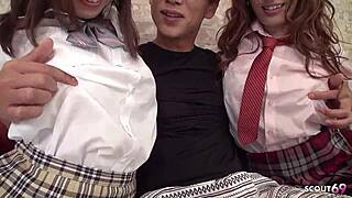 Old guy pounds two socked petite Japanese 18+ teens in uncensored FFM creampie threesome