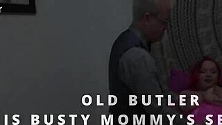 Old butler serves as busty mature mommy's personal cum-on-tits sex toy daily