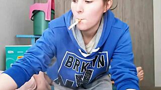 brunette neighbor pulls hoodie down for deep cock suck