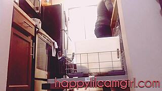 giantess girl cleans kitchen while ignoring your tiny gaze on webcam