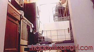 giantess girl cleans kitchen while ignoring your tiny gaze on webcam