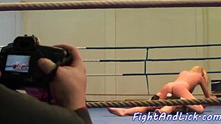 european babe with big tits wrestles busty lesbian rival