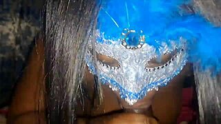 masked ebony beauty deepthroats monster cock before swallowing massive cum facial load
