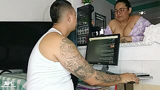 Hey, made a deal with my stepmom to handle my hard cock and creampie her huge tits!