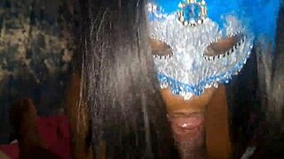 masked ebony beauty deepthroats monster cock before swallowing massive cum facial load