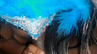 masked ebony beauty deepthroats monster cock before swallowing massive cum facial load