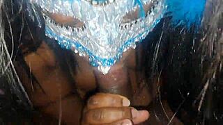 masked ebony beauty deepthroats monster cock before swallowing massive cum facial load