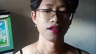 shemale trembles cumming hard in black bra stockings