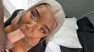 thick ebony milf gags deep on white cock chokes then rides to creampie