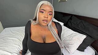 thick ebony milf gags deep on white cock chokes then rides to creampie