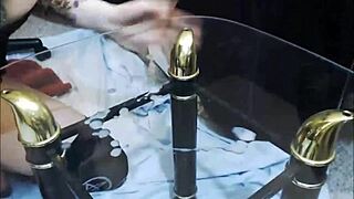 Sexy emo tranny licks her own cumshot after stroking cock to orgasm