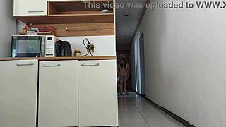 bold risky fuck with husband's friend while he showers almost caught