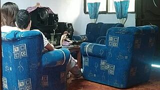 Stepsis fucks boyfriend doggystyle living room! I spy jerking off hidden!