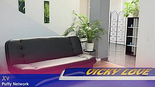 Vicky Love twerks her big puffy pussy lips in miniskirt heels close-up