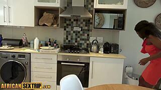 busty ebony milf's kitchen surprise with massive white cock cumshot