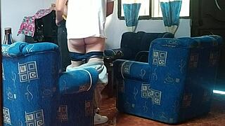 Stepsis fucks boyfriend doggystyle living room! I spy jerking off hidden!