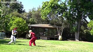 Jade Kush as Chun-Li Chained and Fucked Hard by Two Monster Cocks!